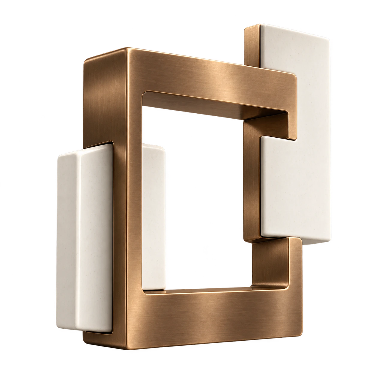ALPHA LAB sculpture: an open bronze frame with two offset ceramic planes